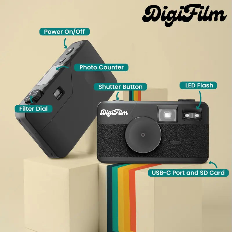 Screen-Free Digital Camera with 6 Built-In Retro Filters, Pre-Installed Micro SD Card, Aesthetic Rechargeable Camera with Flash, Durable Design