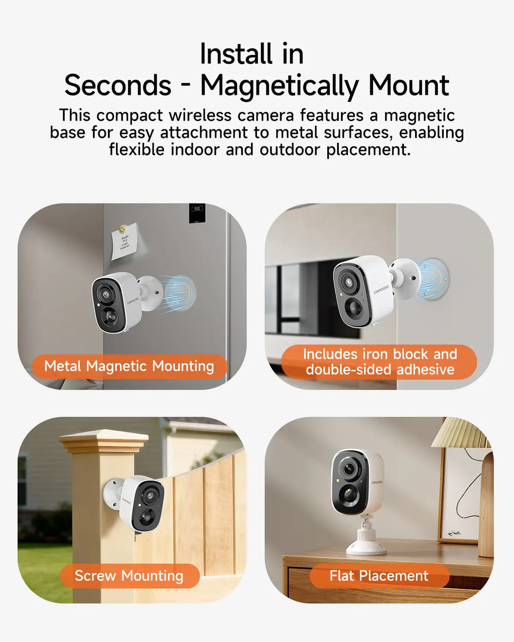 Outdoor/Indoor Magnetic Wireless Camera 2.5K Free Install Smart Garage 2.4G Wi-Fi Security Camera – HD Video, Night Vision, Motion Detection, Magnetic, Wi-Fi, Two-Way Audio, Smartphone Control Lens