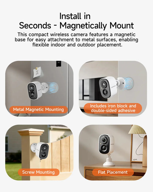 Outdoor/Indoor Magnetic Wireless Camera 2.5K Free Install Smart Garage 2.4G Wi-Fi Security Camera – HD Video, Night Vision, Motion Detection, Magnetic, Wi-Fi, Two-Way Audio, Smartphone Control Lens