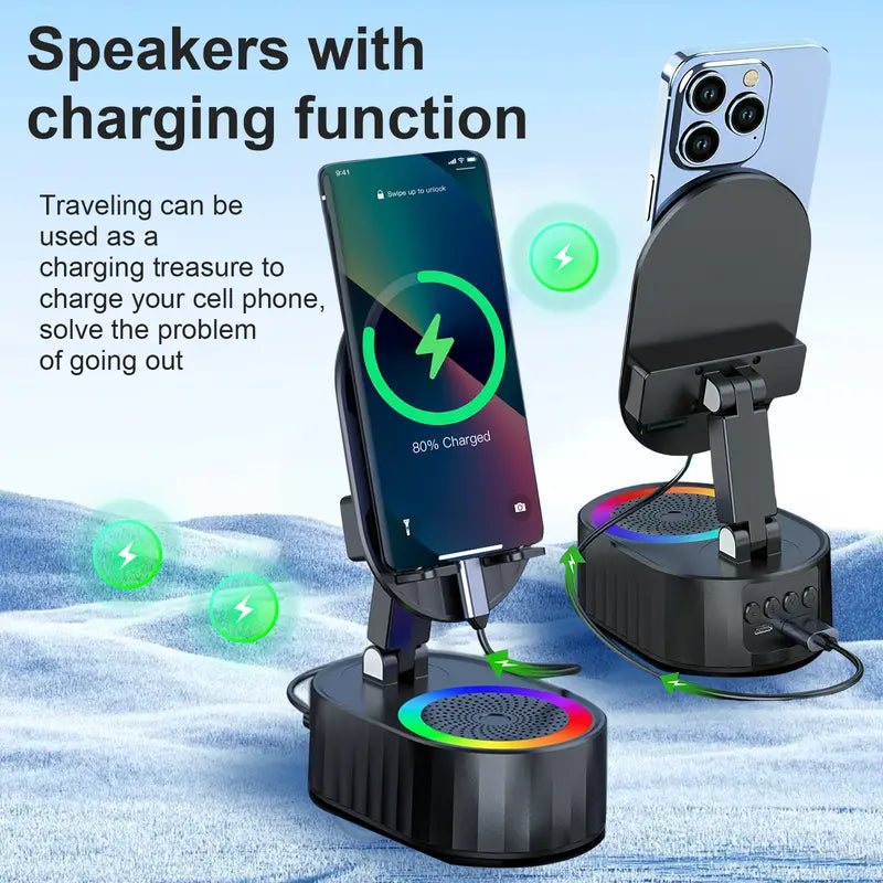 Wireless Induction Audio Bluetooth Speaker 5-in-1 Cellphone Holder USB Emergency Rechargeable (5000mAh) Portable Power Mobile Tablet Stand with Colorful Ambient Light Gifts for Friends and Family