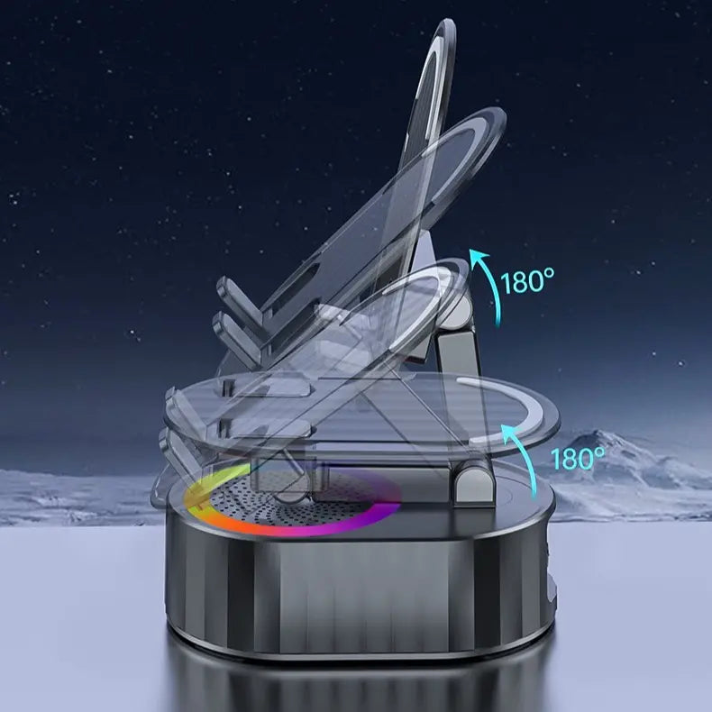 Wireless Induction Audio Bluetooth Speaker 5-in-1 Cellphone Holder USB Emergency Rechargeable (5000mAh) Portable Power Mobile Tablet Stand with Colorful Ambient Light Gifts for Friends and Family