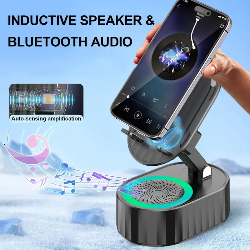 Wireless Induction Audio Bluetooth Speaker 5-in-1 Cellphone Holder USB Emergency Rechargeable (5000mAh) Portable Power Mobile Tablet Stand with Colorful Ambient Light Gifts for Friends and Family