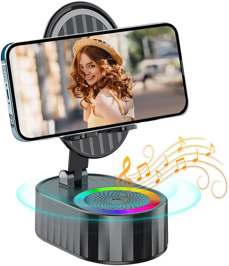 Wireless Induction Audio Bluetooth Speaker 5-in-1 Cellphone Holder USB Emergency Rechargeable (5000mAh) Portable Power Mobile Tablet Stand with Colorful Ambient Light Gifts for Friends and Family