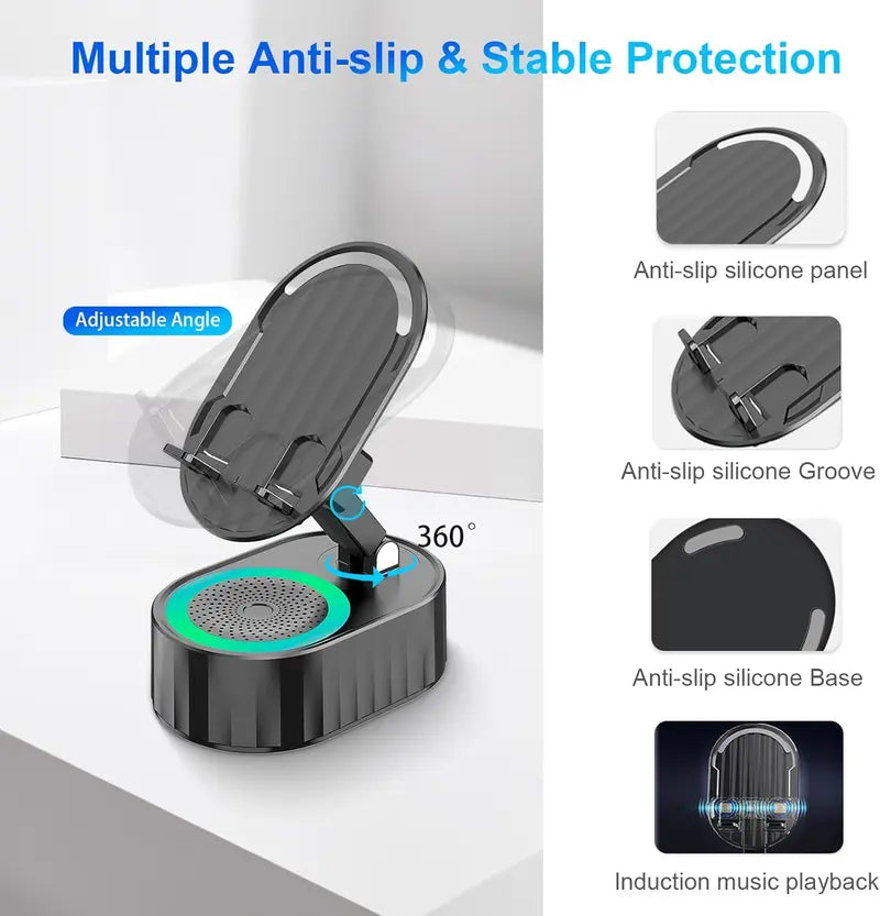 Wireless Induction Audio Bluetooth Speaker 5-in-1 Cellphone Holder USB Emergency Rechargeable (5000mAh) Portable Power Mobile Tablet Stand with Colorful Ambient Light Gifts for Friends and Family