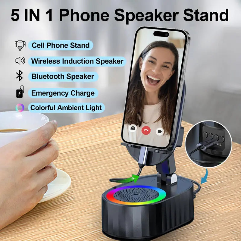 Wireless Induction Audio Bluetooth Speaker 5-in-1 Cellphone Holder USB Emergency Rechargeable (5000mAh) Portable Power Mobile Tablet Stand with Colorful Ambient Light Gifts for Friends and Family